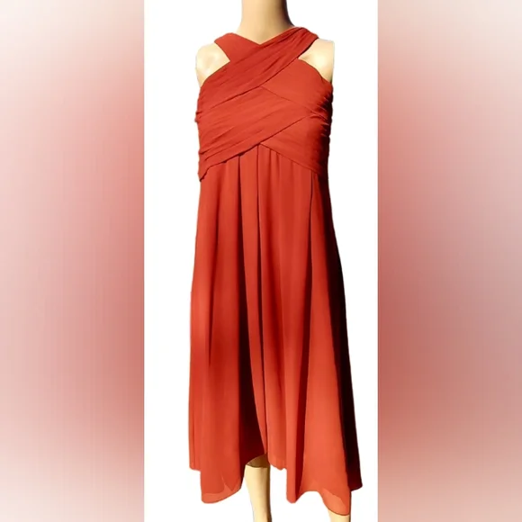 Bill Levkoff 82955 Rust CrissCross Boddice Chiffon Halter Pleated Formal Gown - Picture 2 of 10